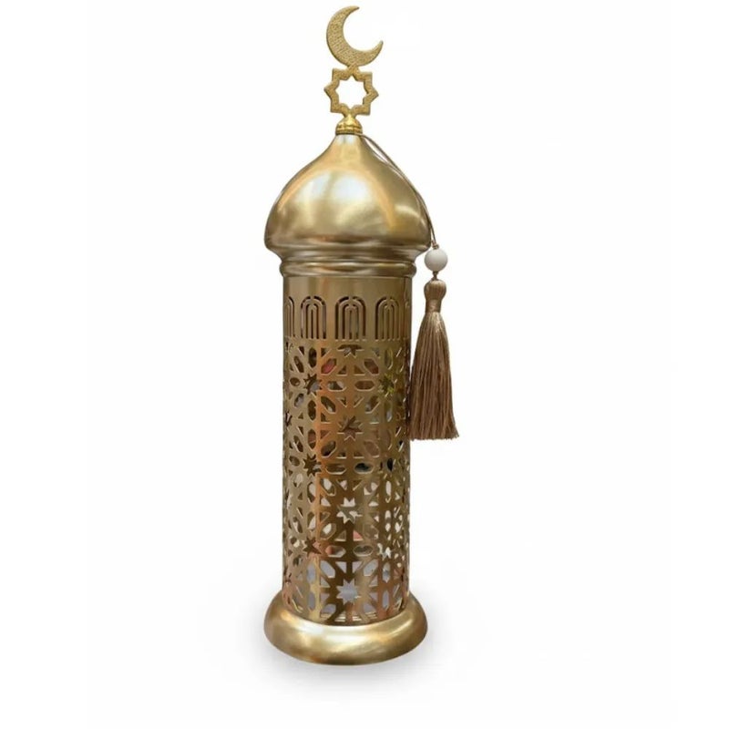 Elegant Design Metal Ramadan Lantern With Intricate Patterns And Crescent Moon And Star Topper